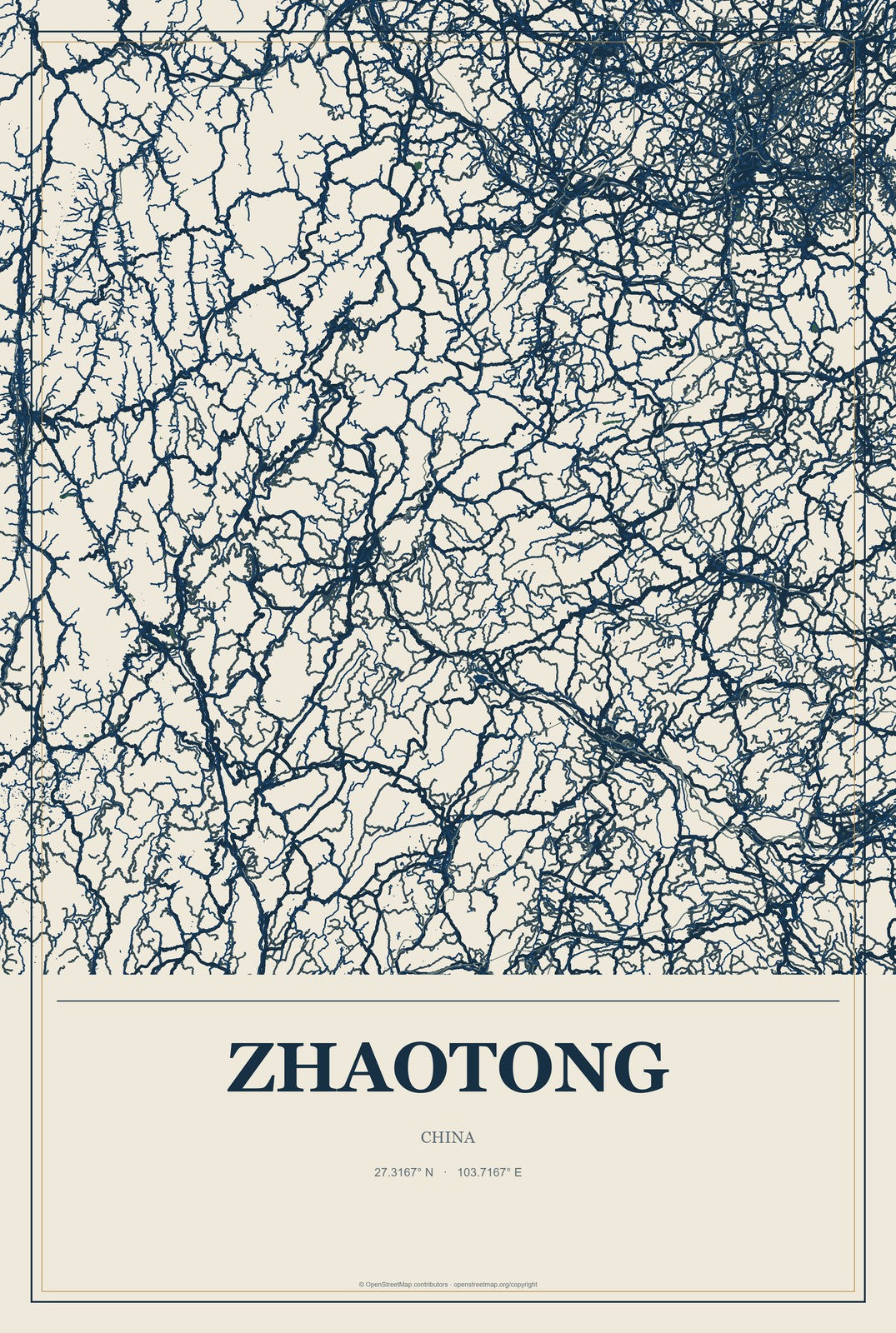Zhaotong, China City Map Aluminum Sign in Coastal Cutout style