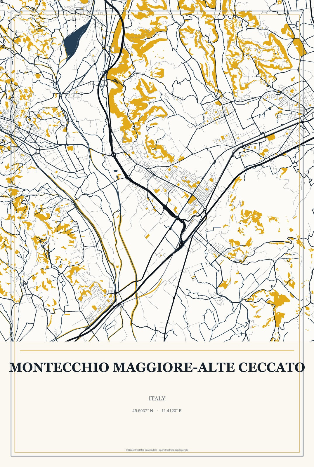 Montecchio Maggiore-Alte Ceccato, Italy City Map Aluminum Sign in Citrine Modern style