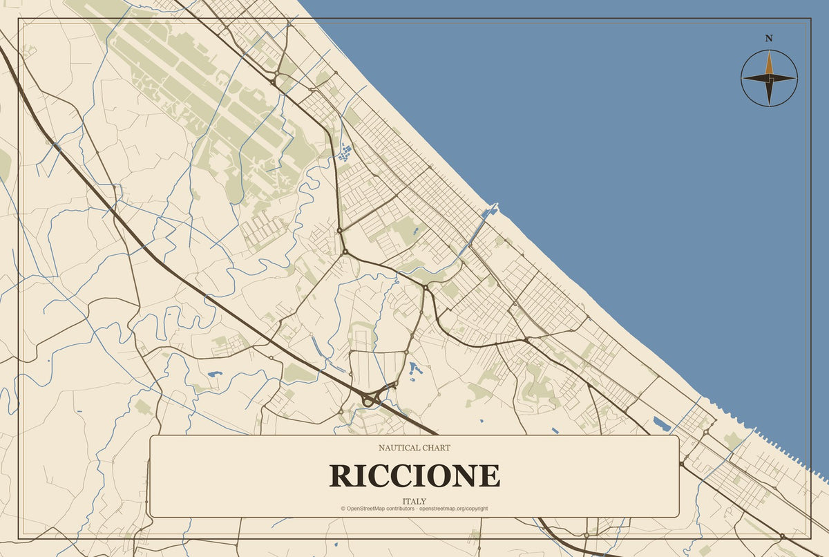 Riccione, Italy City Map Aluminum Sign in Heritage Nautical style