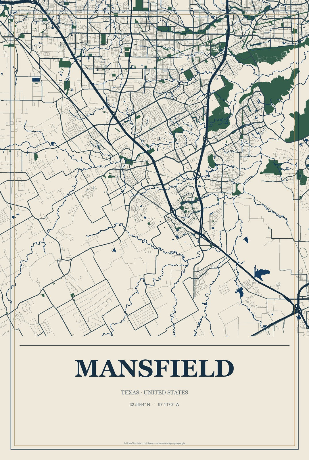 Mansfield, Texas City Map Aluminum Sign in Coastal Cutout style