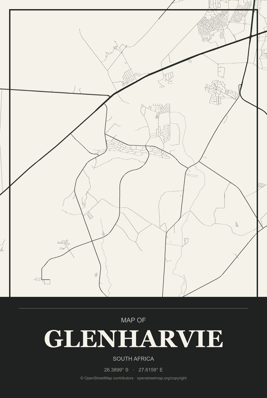 Glenharvie, South Africa City Map Aluminum Sign in Museum Plaque style