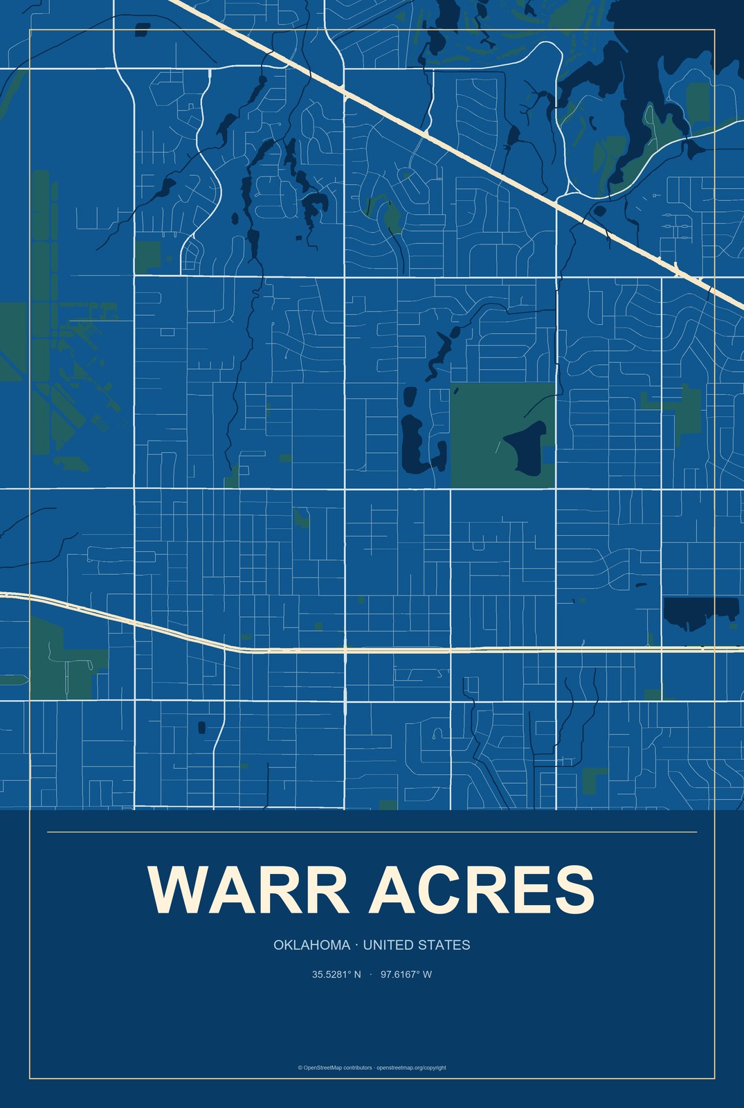 Warr Acres, Oklahoma City Map Aluminum Sign in Harbor Cobalt style