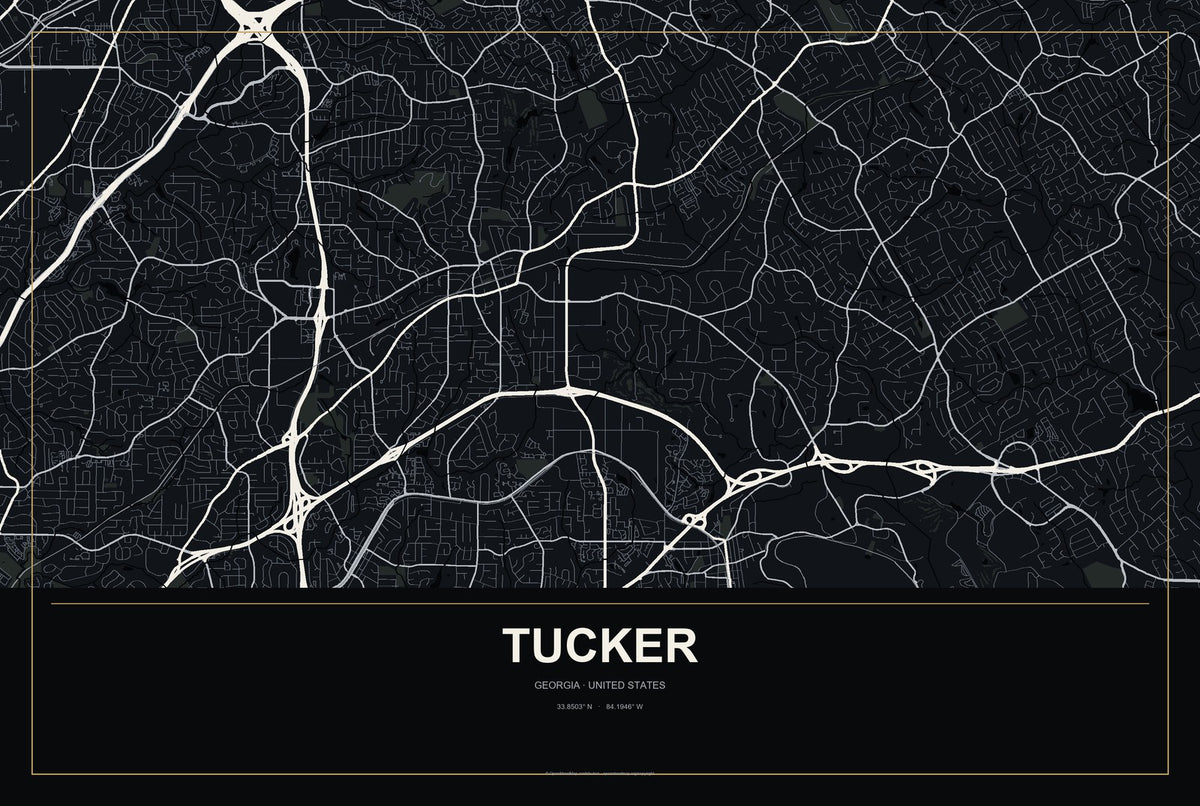 Tucker, Georgia City Map Aluminum Sign in Metropolitan Noir style