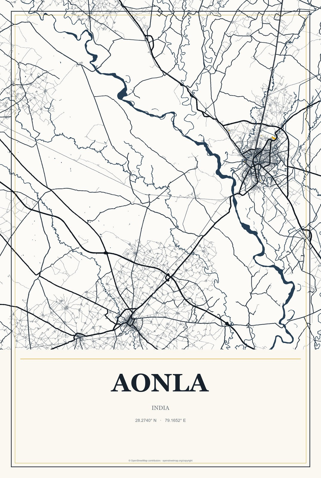 Aonla, India City Map Aluminum Sign in Citrine Modern style