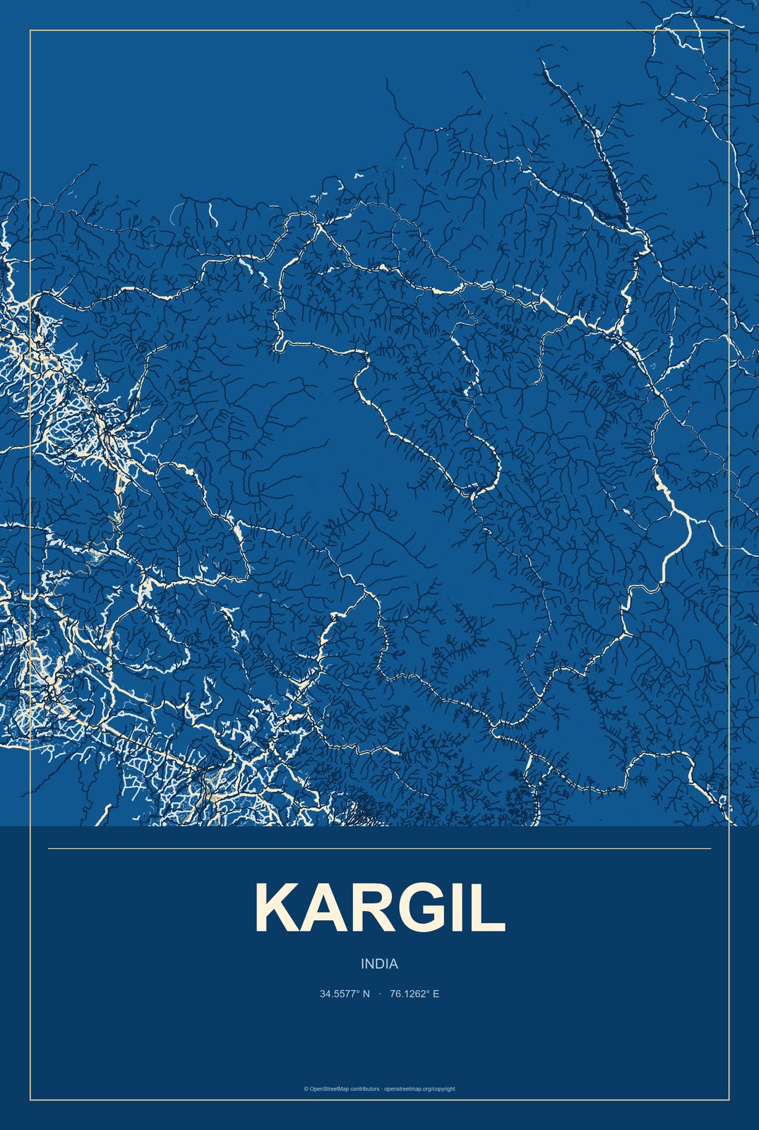 Kargil, India City Map Aluminum Sign in Harbor Cobalt style