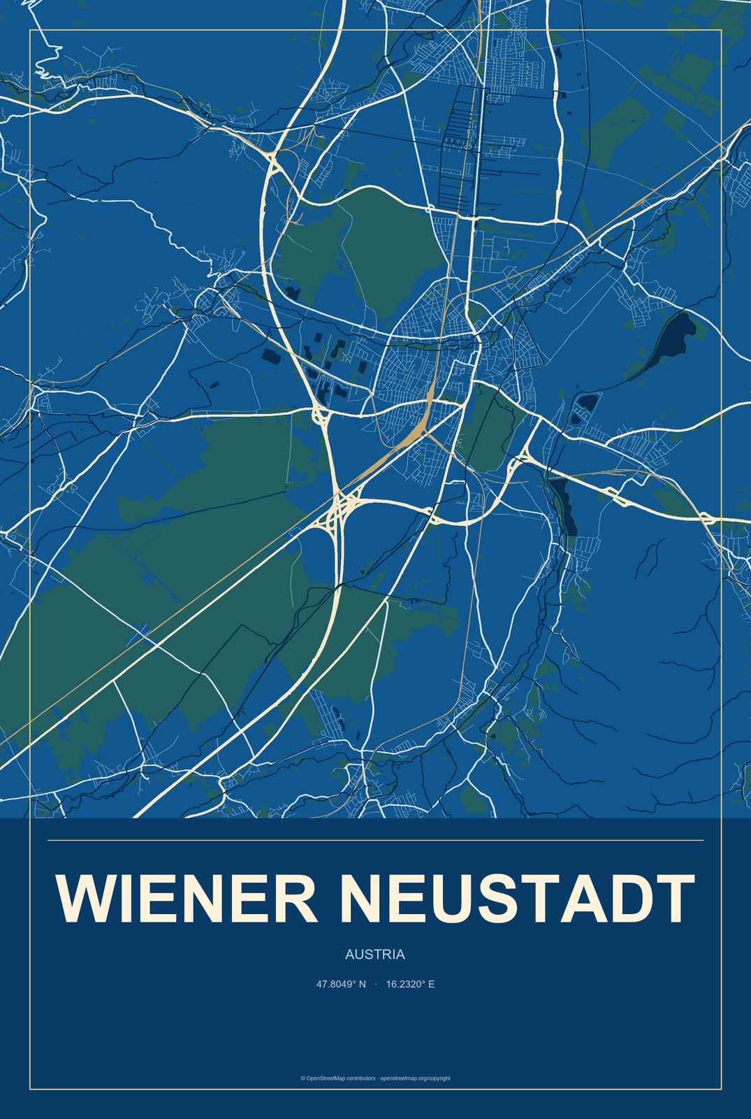 Wiener Neustadt, Austria City Map Aluminum Sign in Harbor Cobalt style