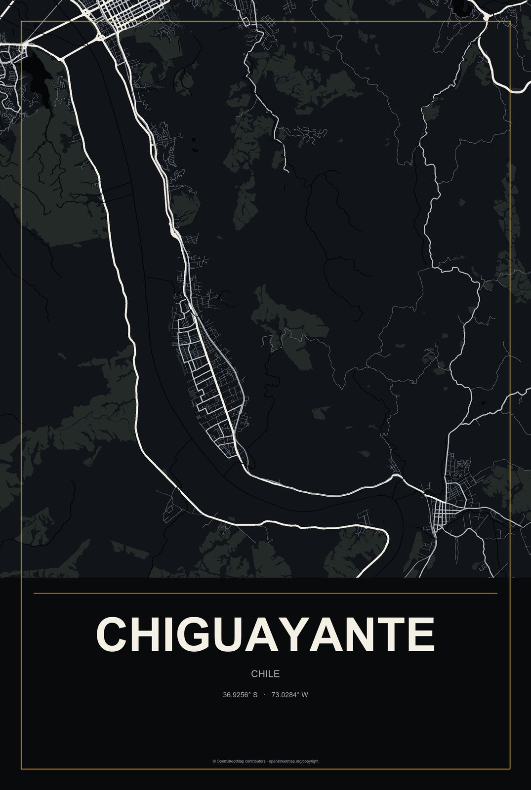 Chiguayante, Chile City Map Aluminum Sign in Metropolitan Noir style