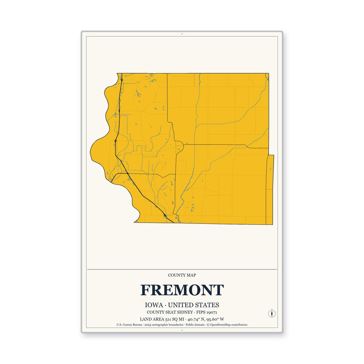 Fremont County, Iowa Map Aluminum Sign in Citrine Modern style