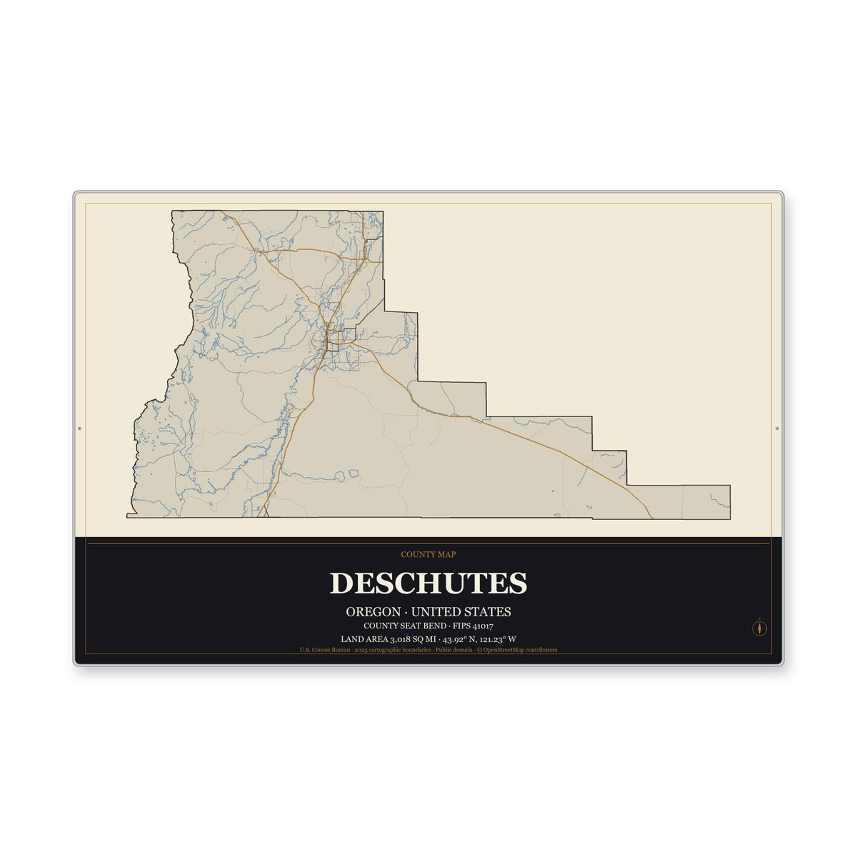 Deschutes County, Oregon Map Aluminum Sign in Museum Plaque style