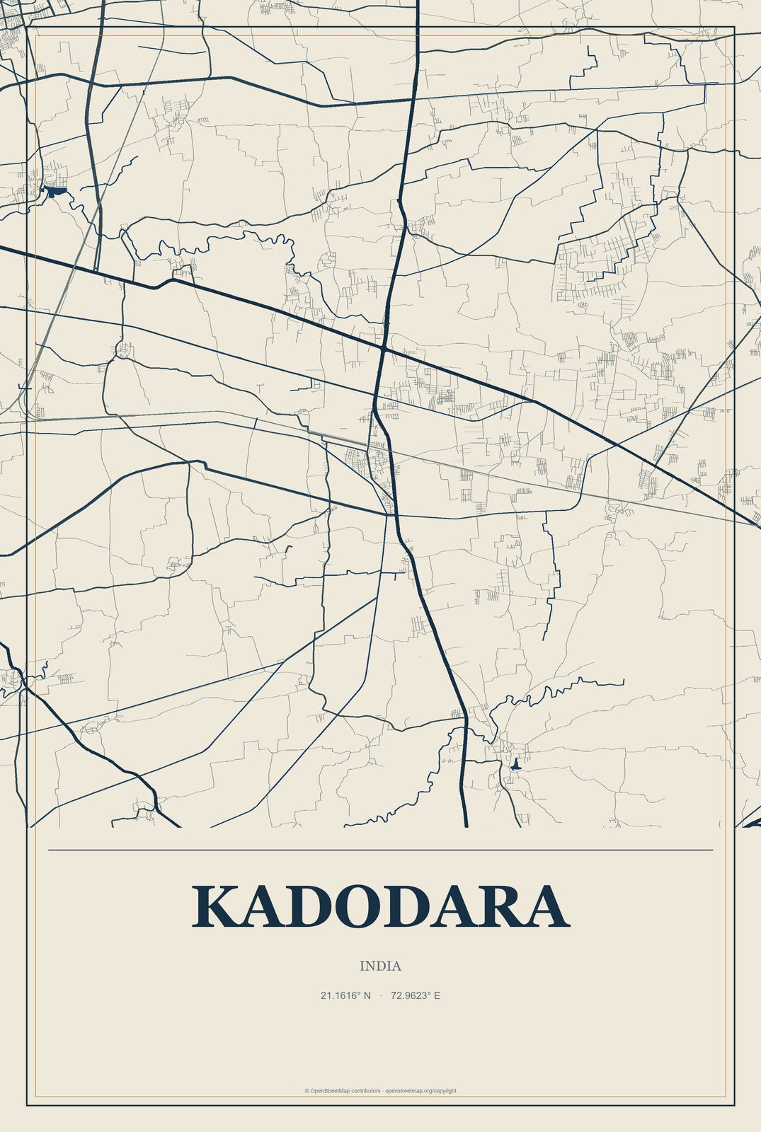 Kadodara, India City Map Aluminum Sign in Coastal Cutout style