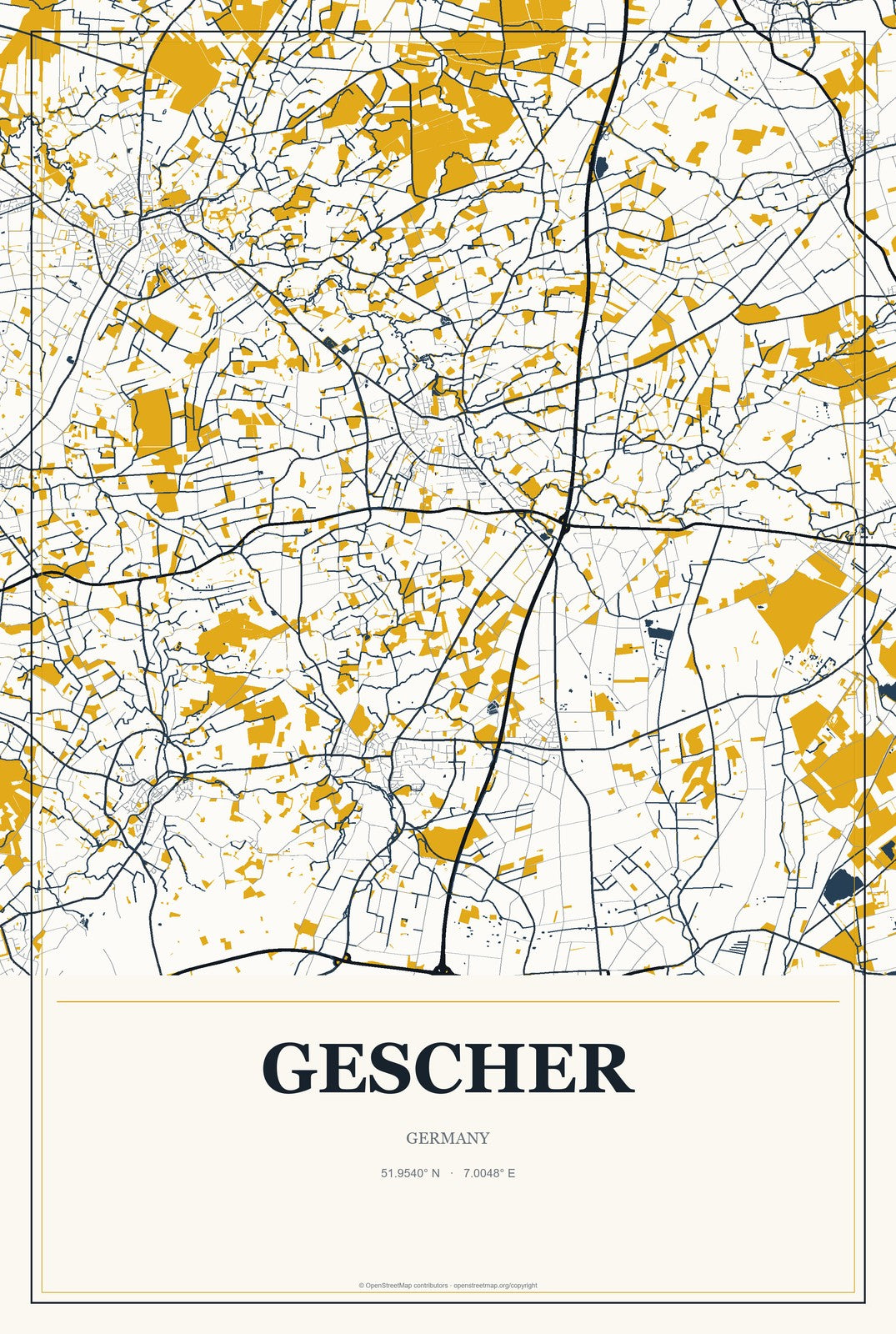 Gescher, Germany City Map Aluminum Sign in Citrine Modern style