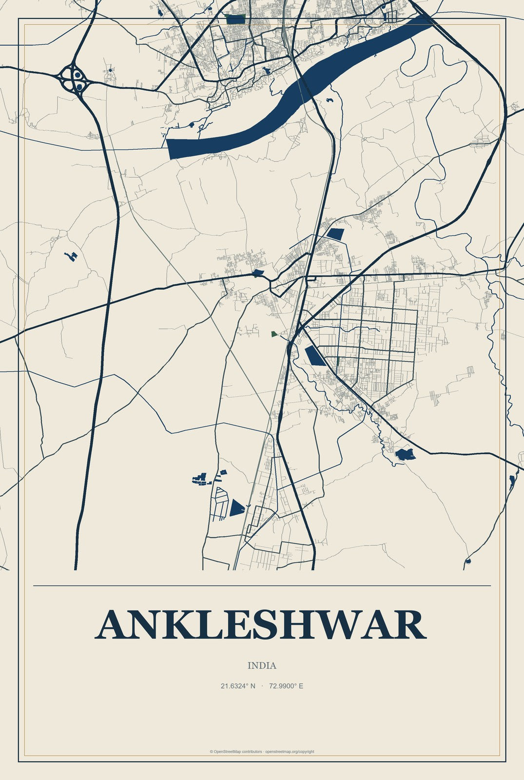 Ankleshwar, India City Map Aluminum Sign in Coastal Cutout style