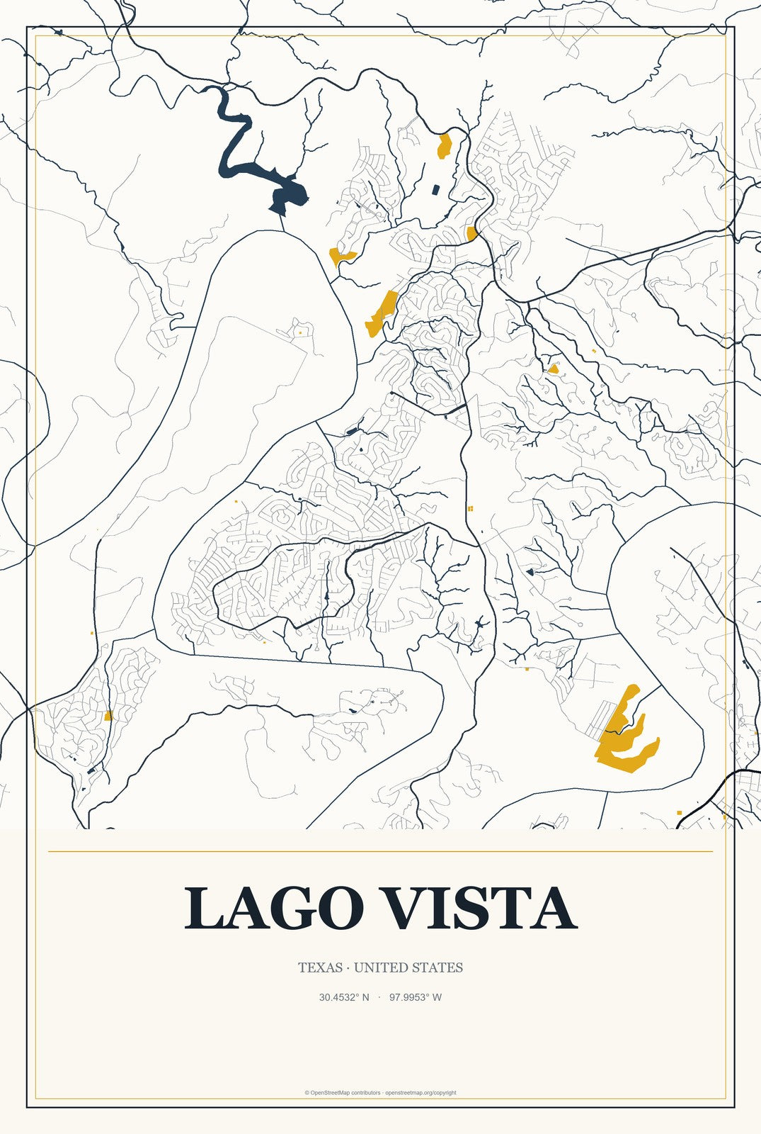 Lago Vista, Texas City Map Aluminum Sign in Citrine Modern style