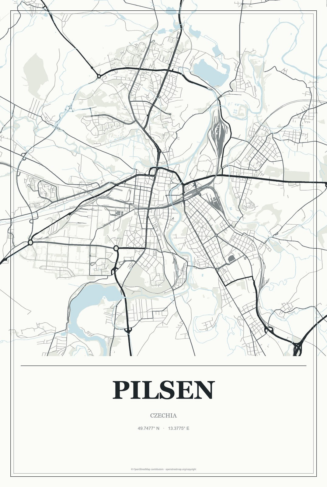 Pilsen, Czechia City Map Aluminum Sign in Gallery Air style