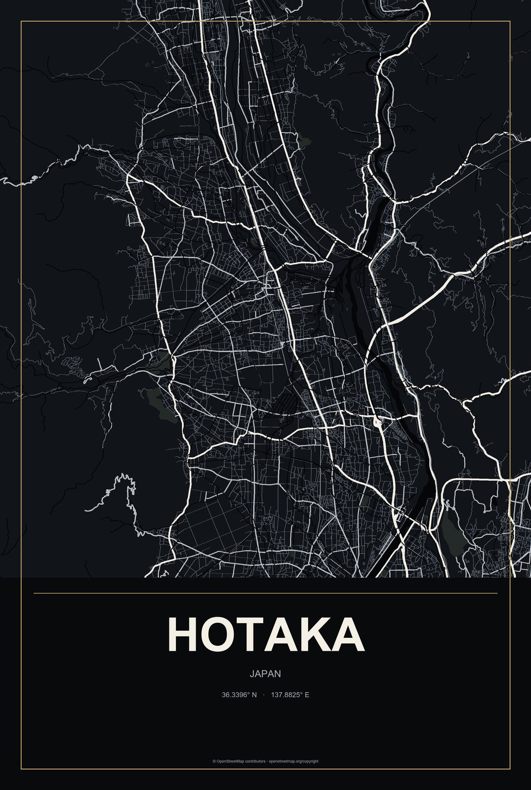 Hotaka, Japan City Map Aluminum Sign in Metropolitan Noir style