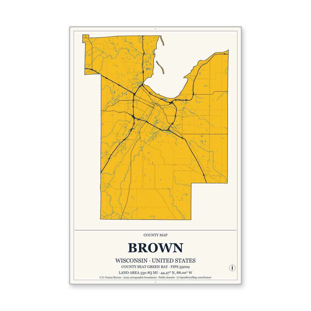 Brown County, Wisconsin Map Aluminum Sign in Citrine Modern style