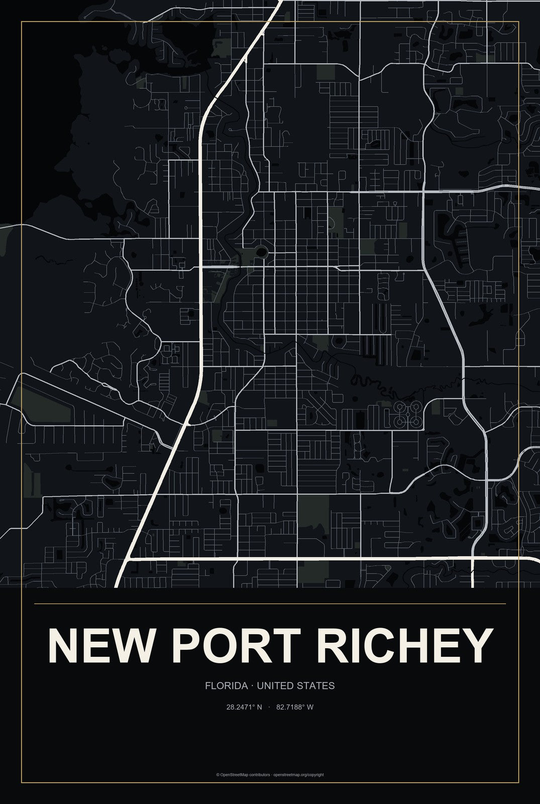 New Port Richey, Florida City Map Aluminum Sign in Metropolitan Noir style