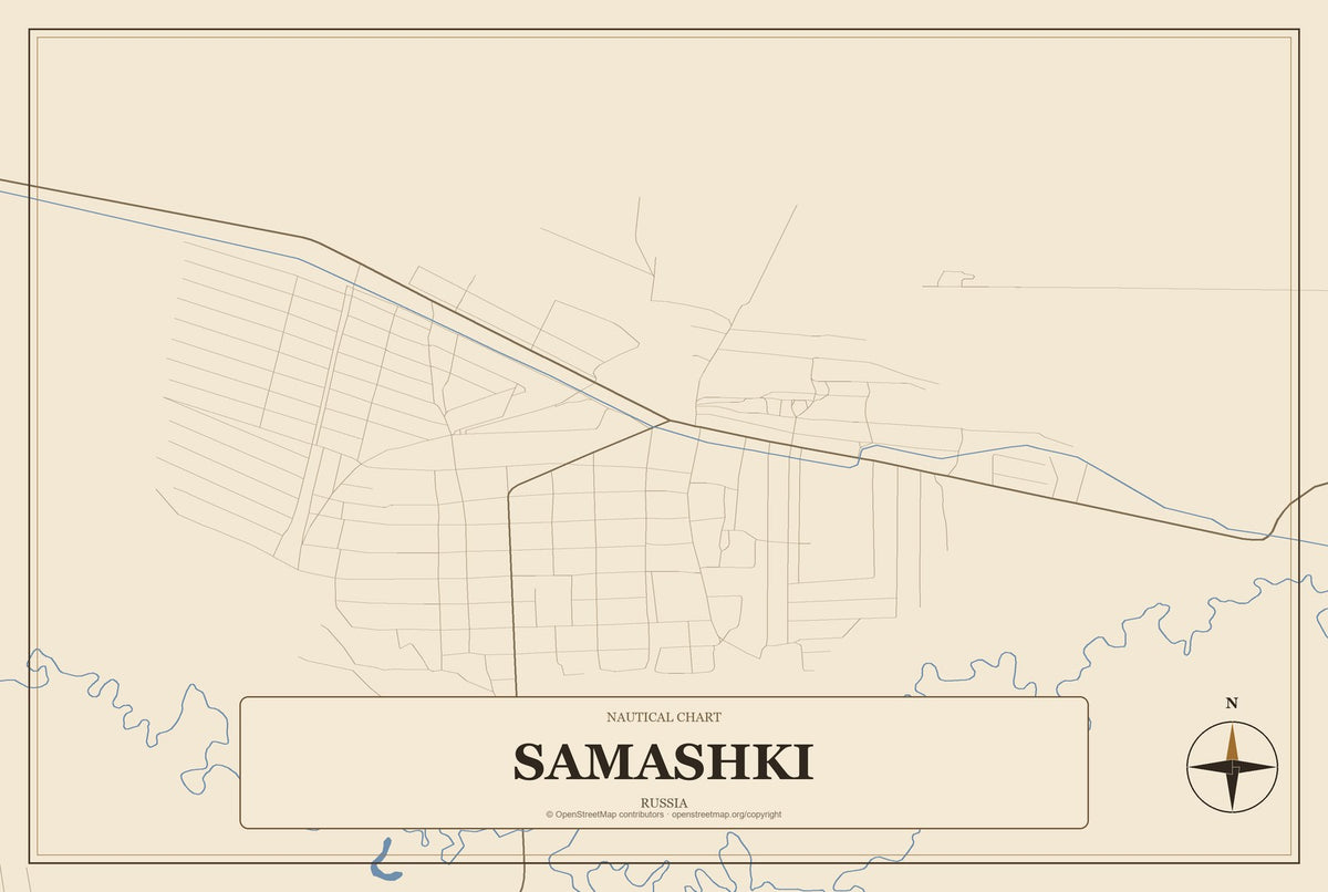 Samashki, Russia City Map Aluminum Sign in Heritage Nautical style