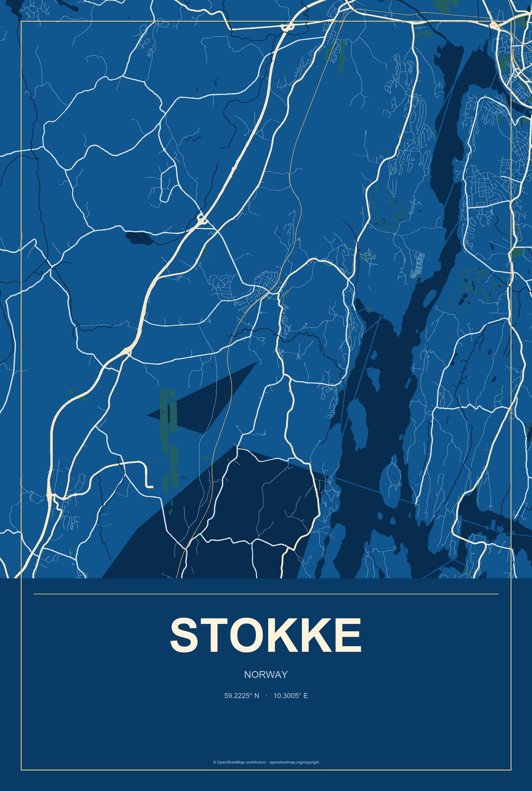 Stokke, Norway City Map Aluminum Sign in Harbor Cobalt style