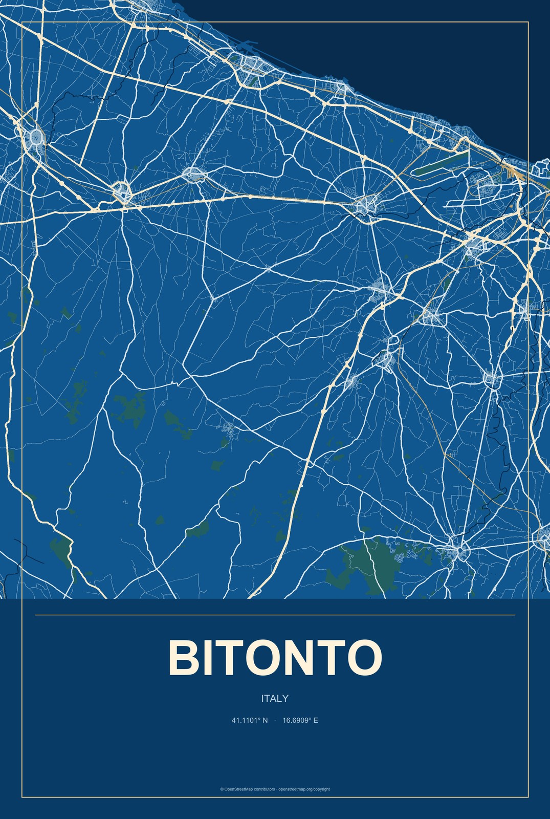 Bitonto, Italy City Map Aluminum Sign in Harbor Cobalt style