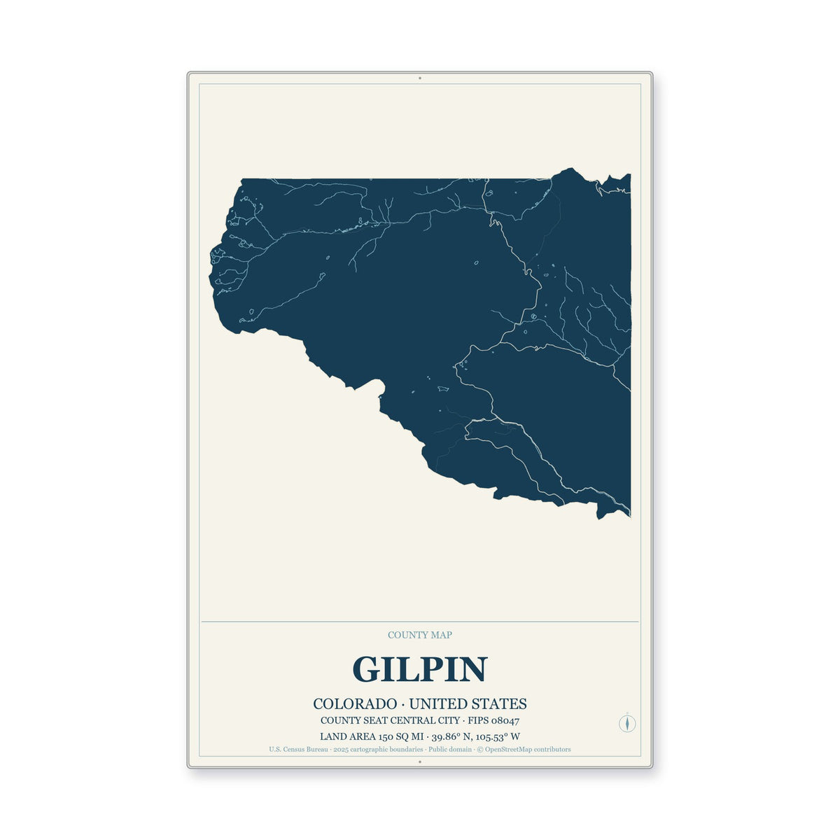 Gilpin County, Colorado Map Aluminum Sign in Coastal Cutout style