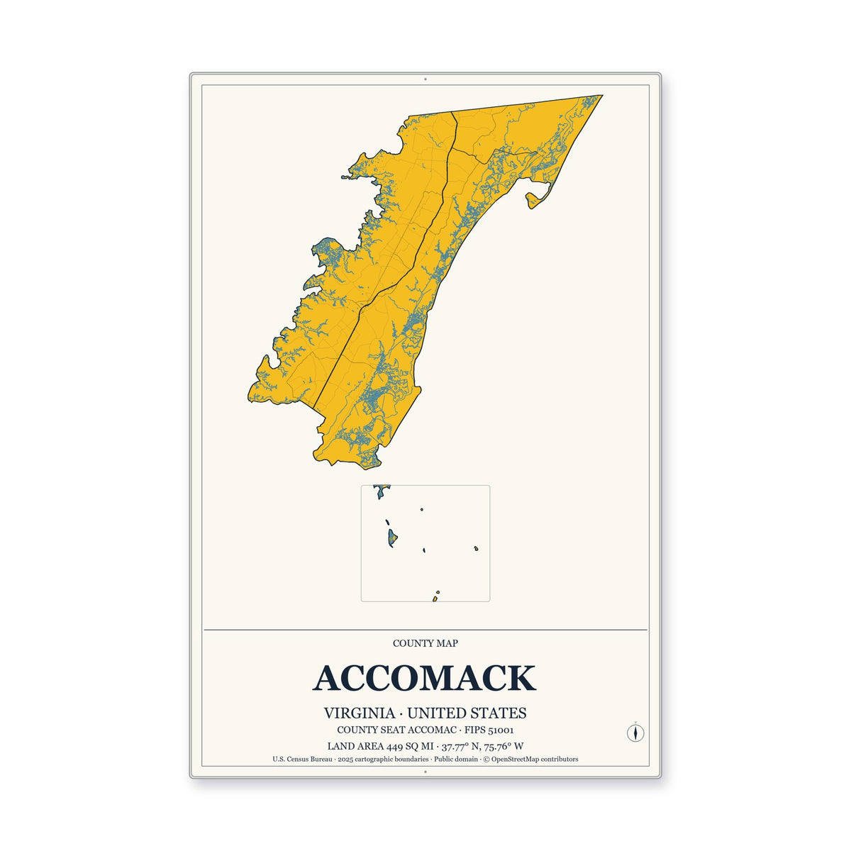 Accomack County, Virginia Map Aluminum Sign in Citrine Modern style