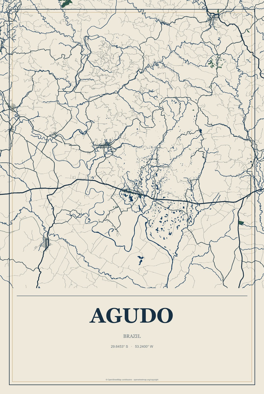 Agudo, Brazil City Map Aluminum Sign in Coastal Cutout style