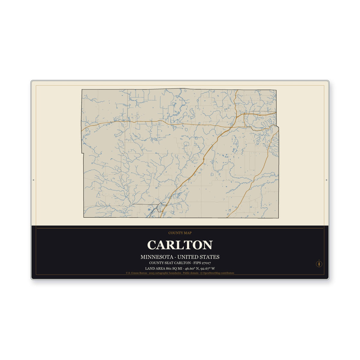 Carlton County, Minnesota Map Aluminum Sign in Museum Plaque style