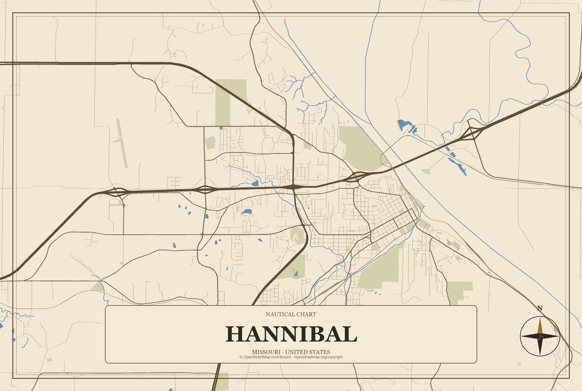 Hannibal, Missouri City Map Aluminum Sign in Heritage Nautical style