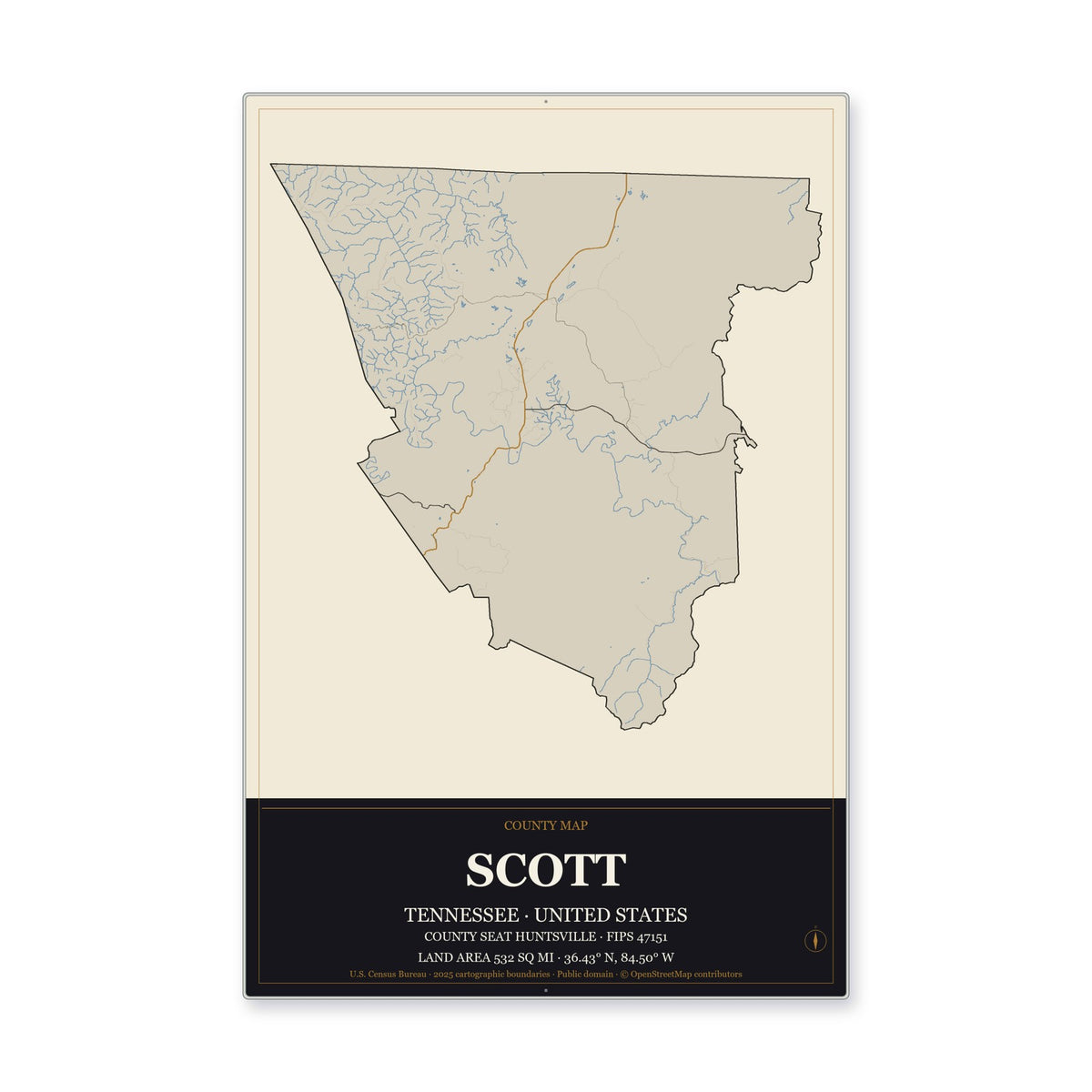 Scott County, Tennessee Map Aluminum Sign in Museum Plaque style