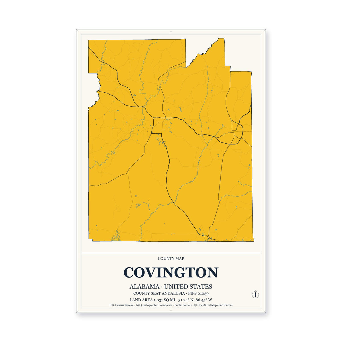 Covington County, Alabama Map Aluminum Sign in Citrine Modern style