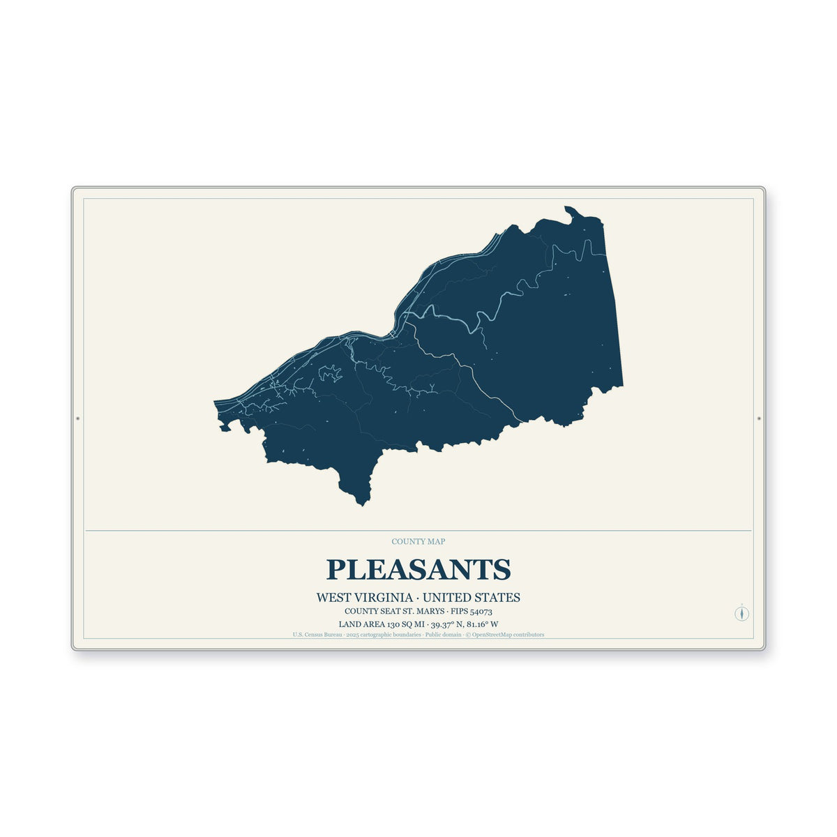 Pleasants County, West Virginia Map Aluminum Sign in Coastal Cutout style
