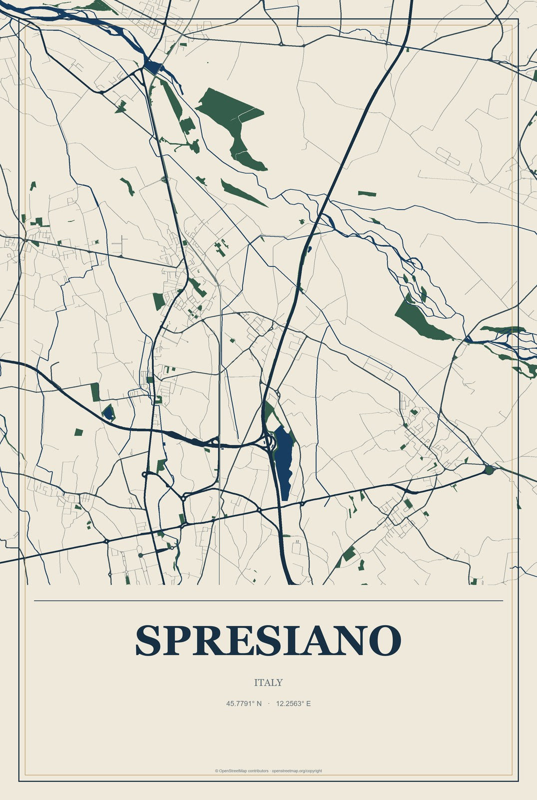 Spresiano, Italy City Map Aluminum Sign in Coastal Cutout style