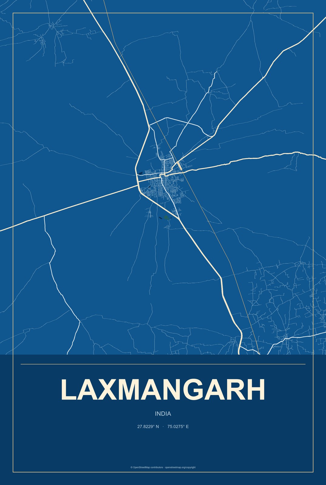 Laxmangarh, India City Map Aluminum Sign in Harbor Cobalt style