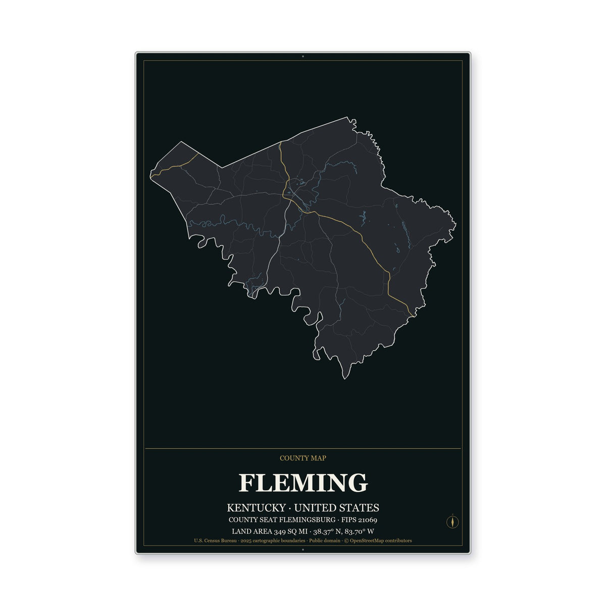 Fleming County, Kentucky Map Aluminum Sign in Metropolitan Noir style