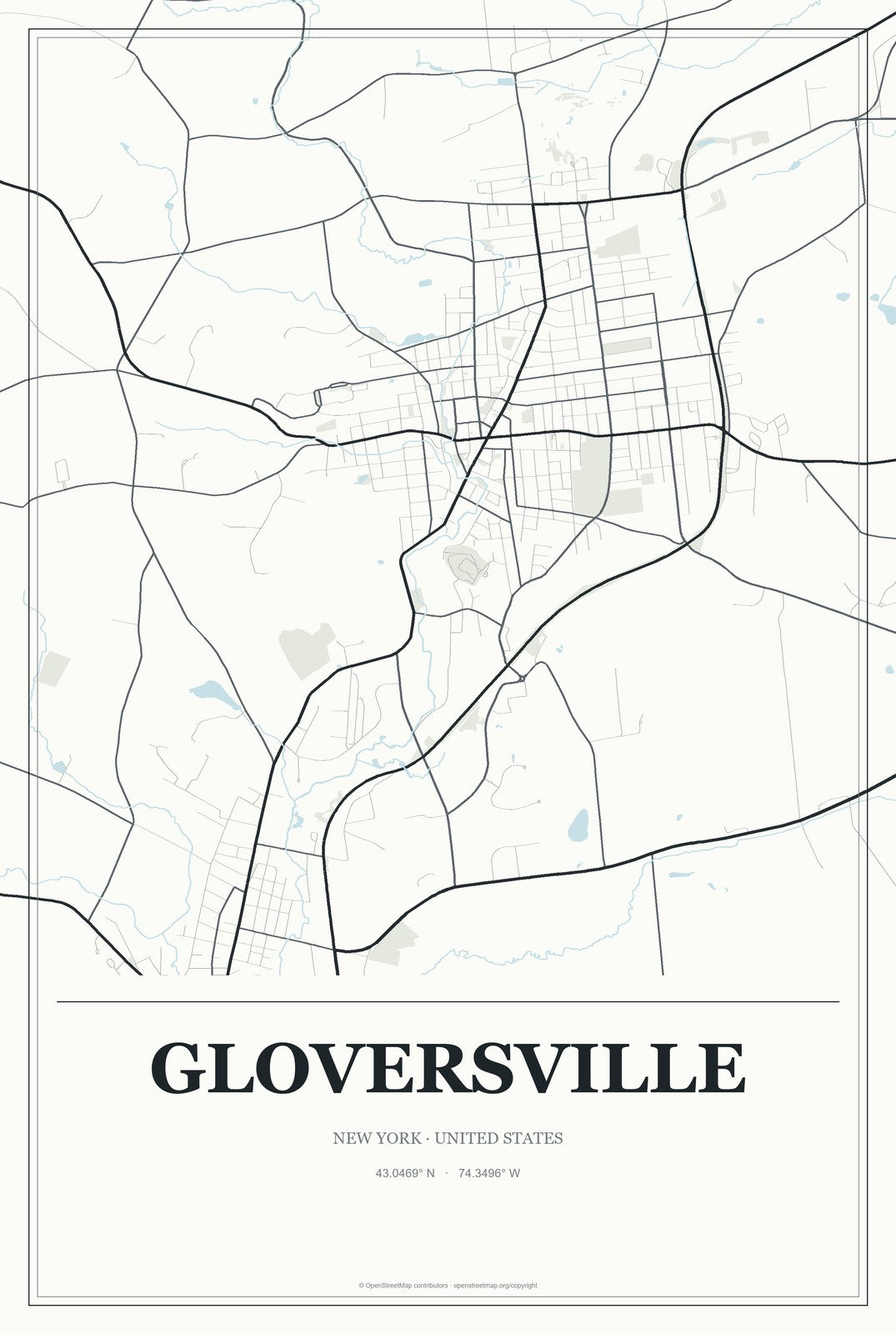 Gloversville, New York City Map Aluminum Sign in Gallery Air style