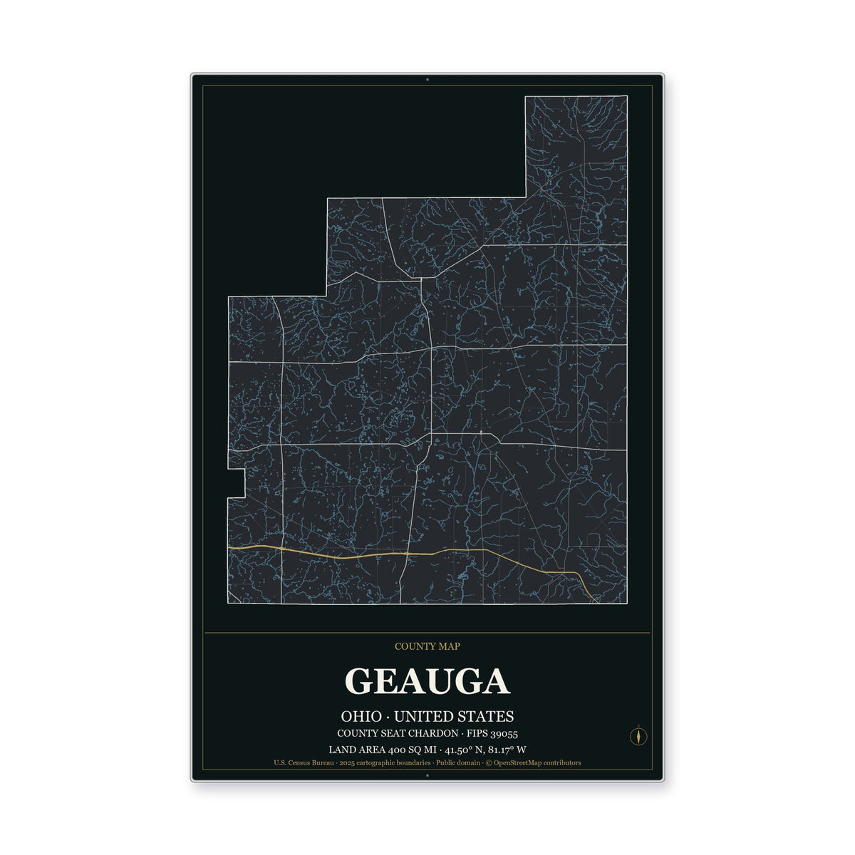Geauga County, Ohio Map Aluminum Sign in Metropolitan Noir style