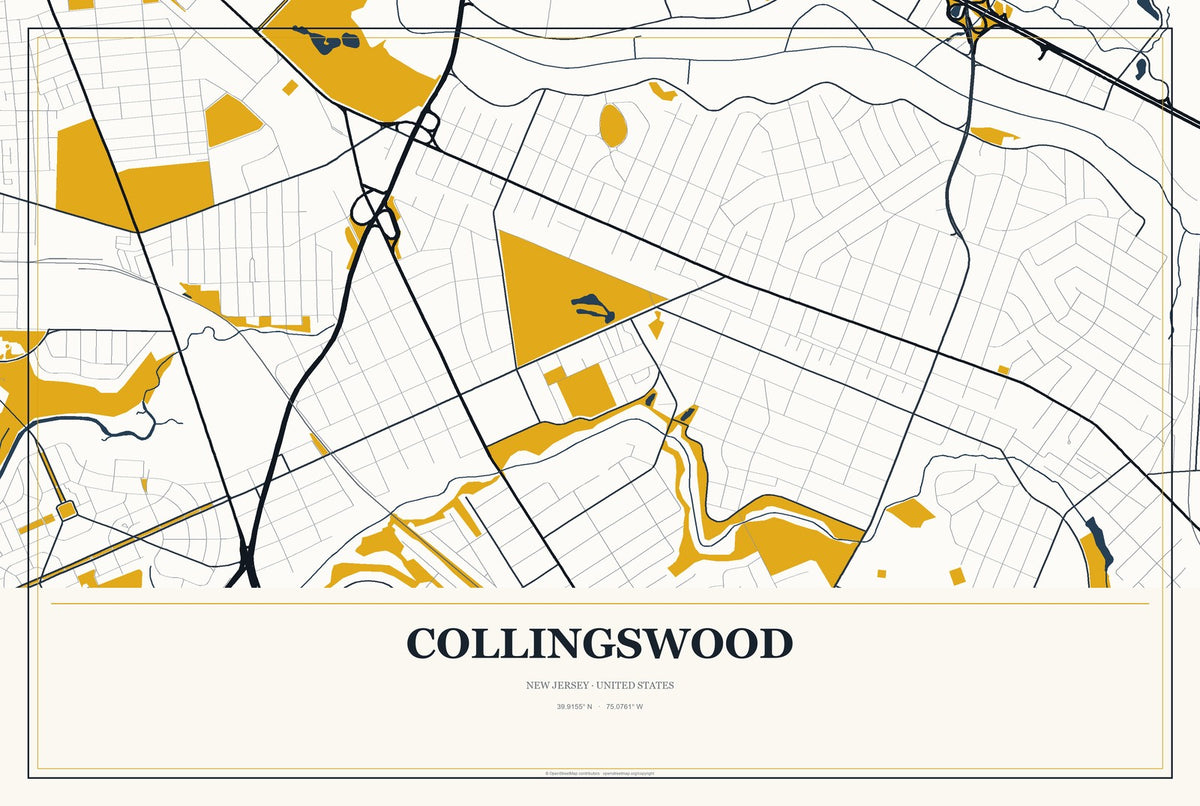 Collingswood, New Jersey City Map Aluminum Sign in Citrine Modern style