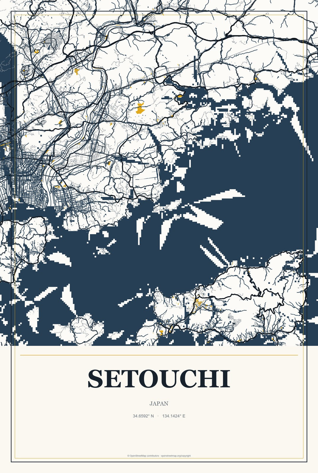 Setouchi, Japan City Map Aluminum Sign in Citrine Modern style