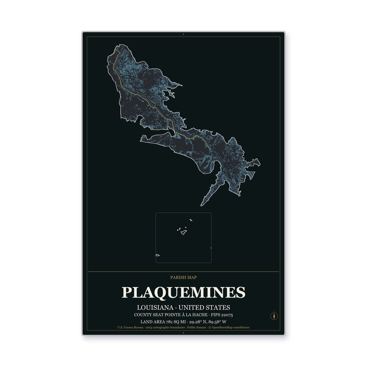 Plaquemines Parish, Louisiana Map Aluminum Sign in Metropolitan Noir style