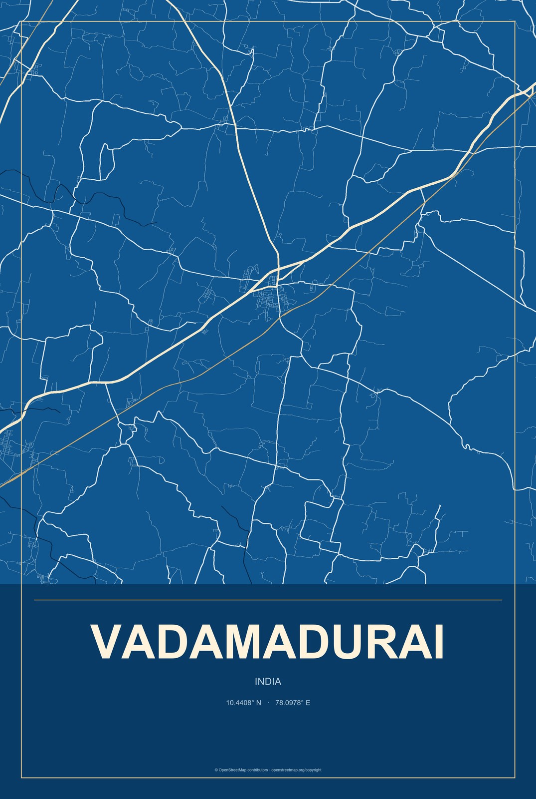 Vadamadurai, India City Map Aluminum Sign in Harbor Cobalt style