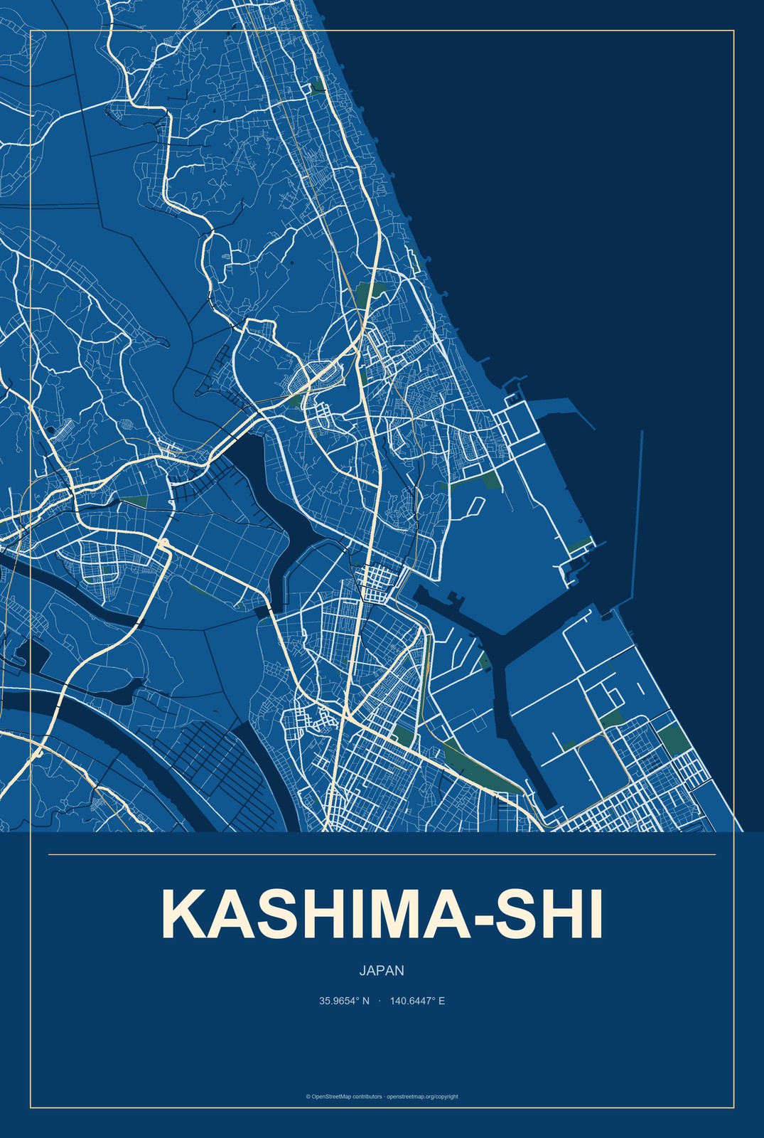 Kashima-shi, Japan City Map Aluminum Sign in Harbor Cobalt style