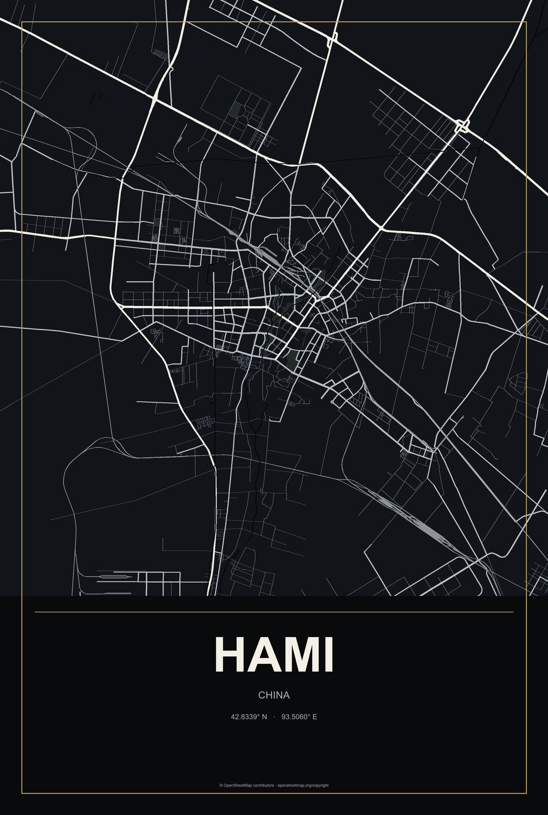 Hami, China City Map Aluminum Sign in Metropolitan Noir style