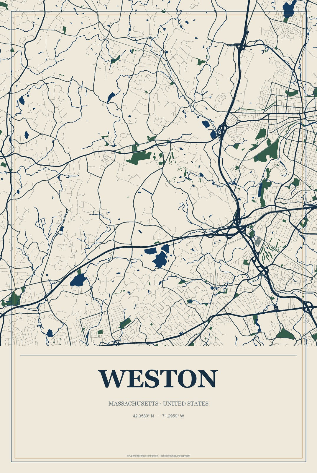 Weston, Massachusetts City Map Aluminum Sign in Coastal Cutout style