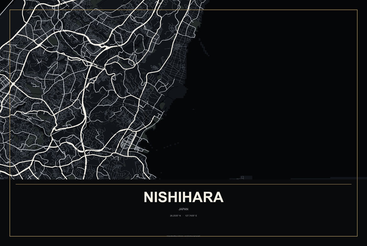 Nishihara, Japan City Map Aluminum Sign in Metropolitan Noir style