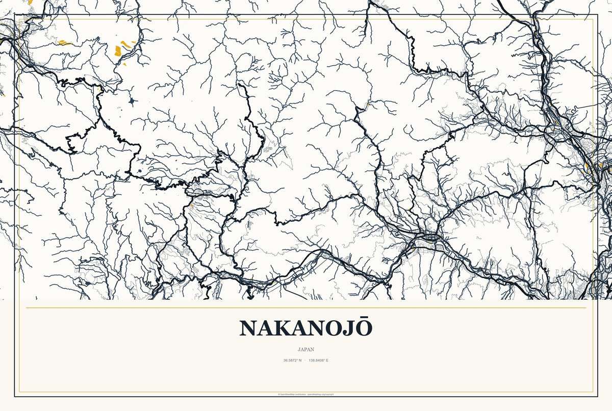 Nakanojō, Japan City Map Aluminum Sign in Citrine Modern style