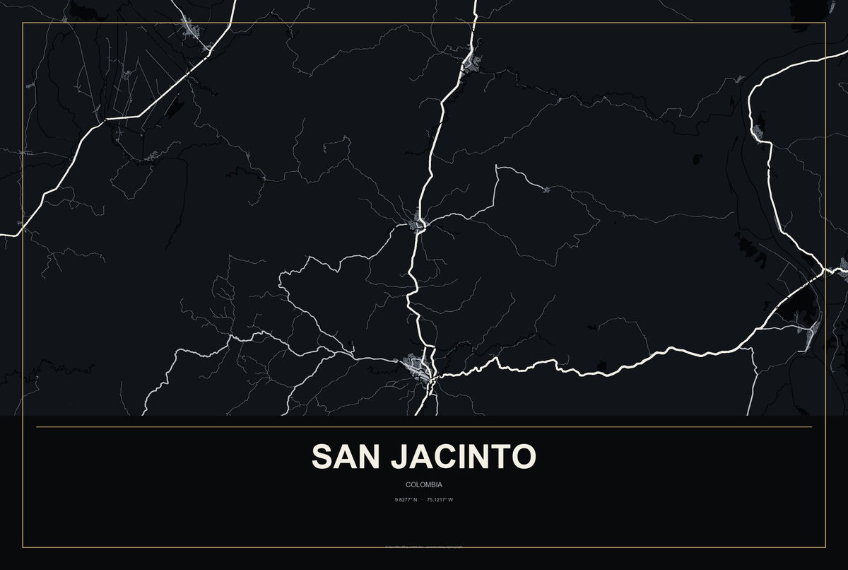 San Jacinto, Colombia City Map Aluminum Sign in Metropolitan Noir style
