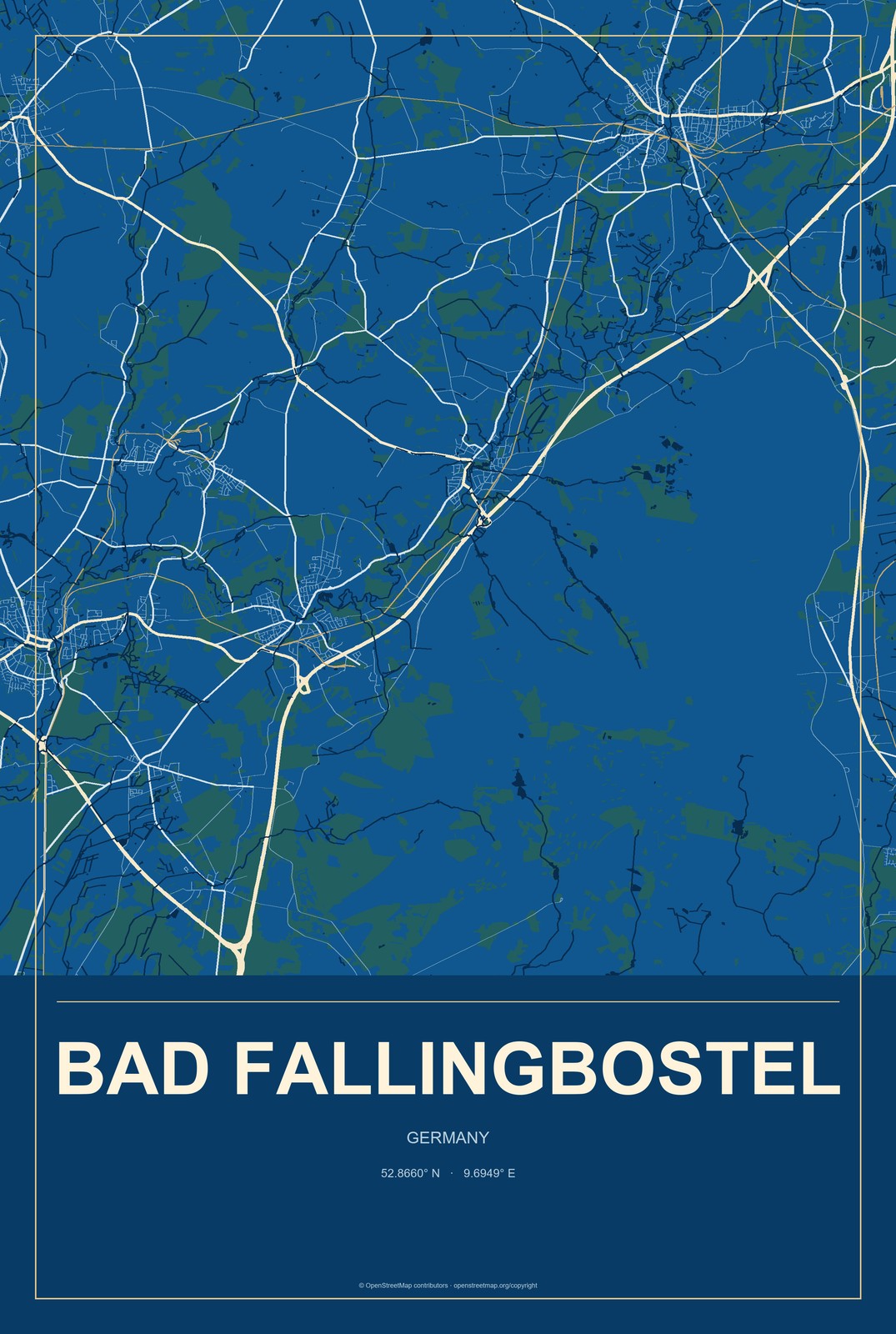 Bad Fallingbostel, Germany City Map Aluminum Sign in Harbor Cobalt style