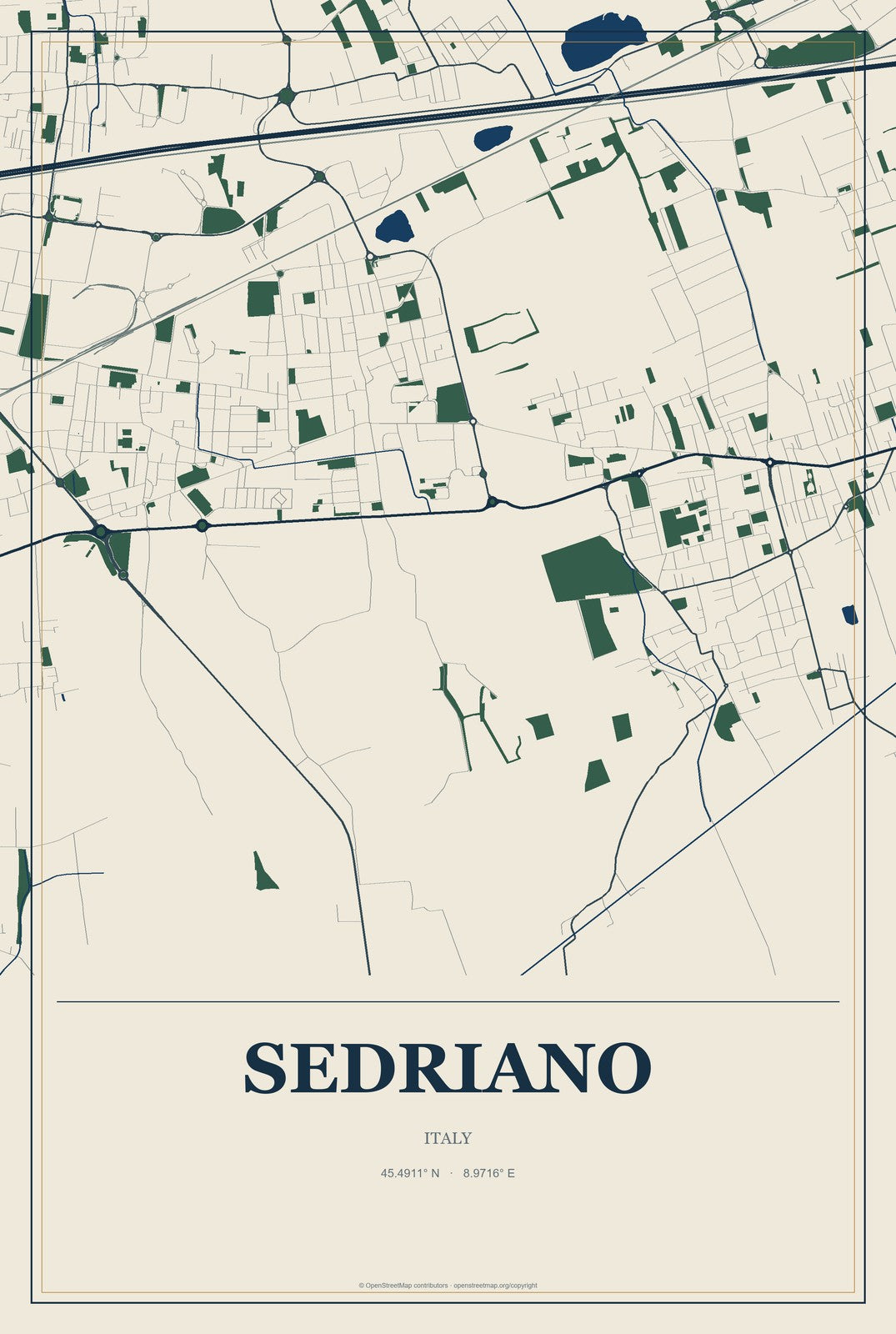 Sedriano, Italy City Map Aluminum Sign in Coastal Cutout style