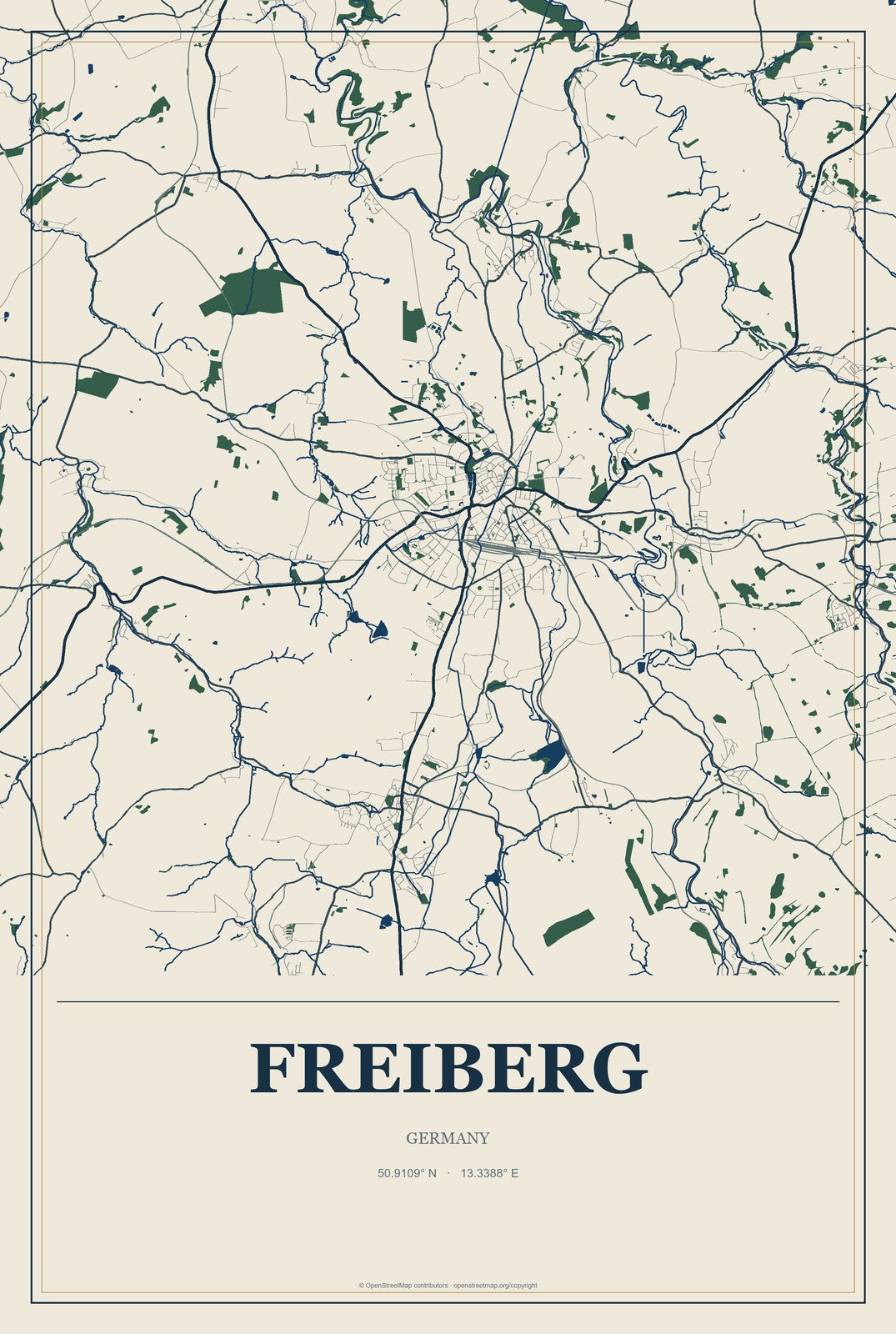 Freiberg, Germany City Map Aluminum Sign in Coastal Cutout style